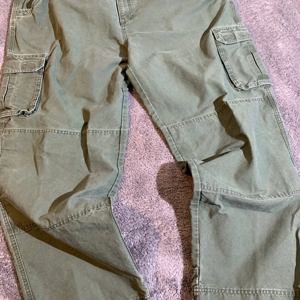 Cabelas Trail Hiker Mens Cargo‎ Pants Olive Green Canvas Elastic Waist 44x32